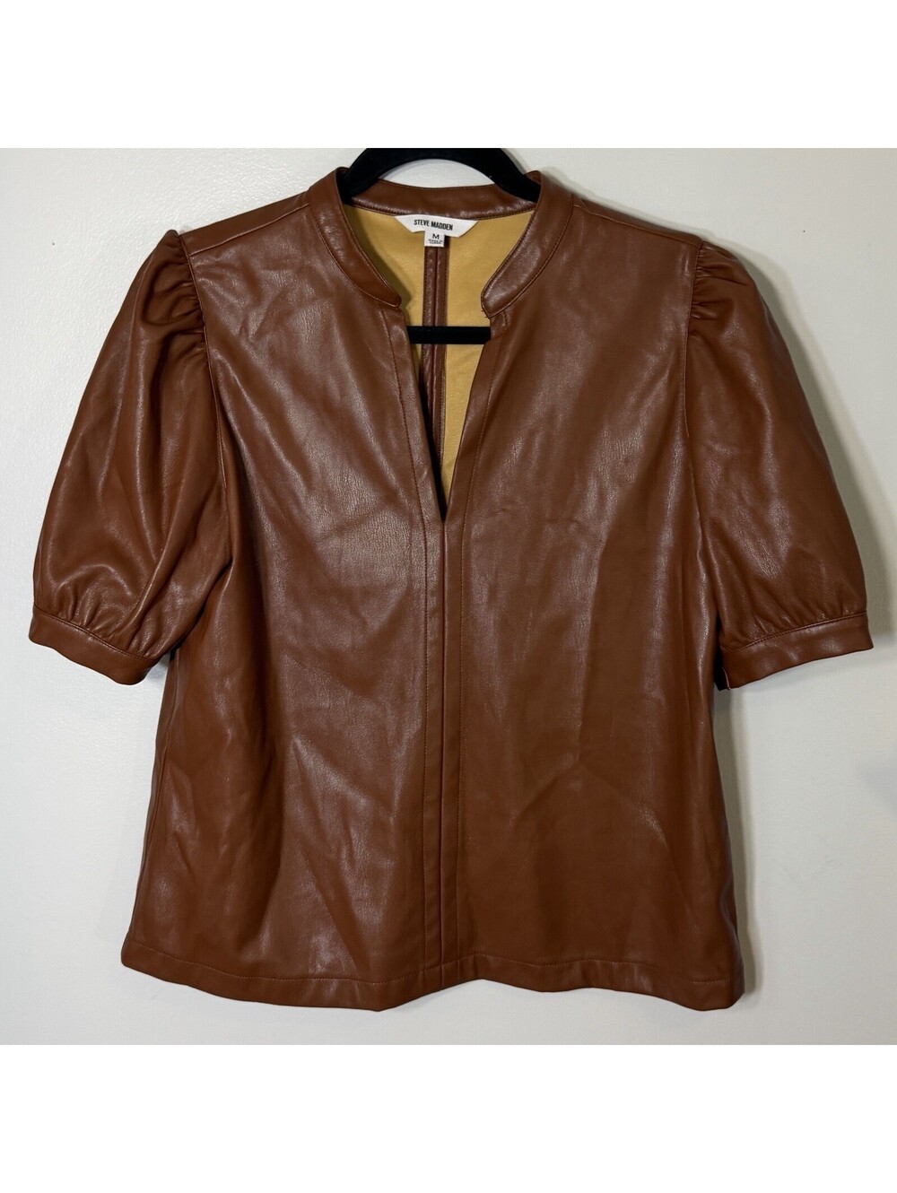 Steve Madden Jane Faux Leather Puff Sleeve Top Brown Blouse Minimalist Fall Med